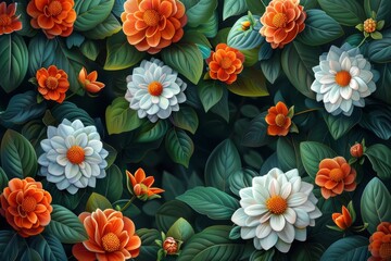 Poster - White and Orange Flowers in a Lush Green Garden