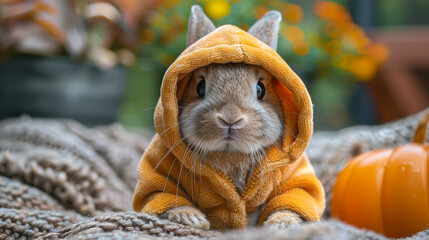 Cute grey Rabbit in Halloween orange hat in the October autumn forest with orange leaves background photo. Pet animal 