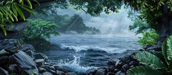 Poster - Vacation themed wallpaper depicting a serene seacoast with dark grey sea rocks adorned with lush greenery surrounded by waves with splashes of water including a copy space image