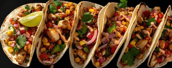 Wall Mural - Delicious tacos filled with grilled chicken, fresh vegetables, and vibrant toppings, perfect for any culinary delight.