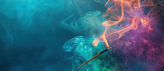 Poster - A photo of colorful smoke drifting from an incense stick in a studio setting with copy space image