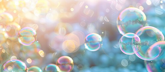 Poster - Translucent soap bubbles against a bright backdrop with room for copy space image