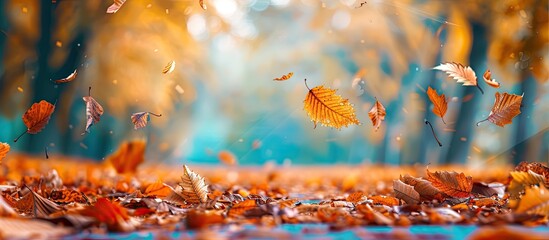 Fototapete - Vibrant autumn backdrop with fallen leaves creating a scenic copy space image