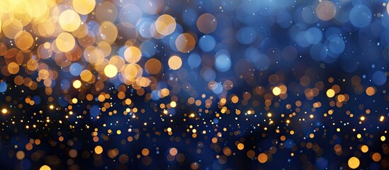 Poster - Blurred navy blue backdrop adorned with shiny gold lights ideal for a winter holiday greeting card mock up selective focus copy space image