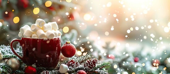 Poster - Christmas themed hot chocolate with marshmallows next to a beautifully decorated Christmas tree branch adorned with festive ornaments set against a blurred background with copy space image