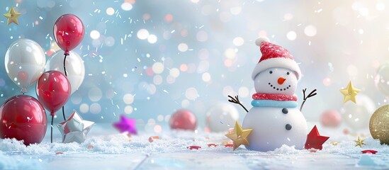 Poster - Snowman surrounded by balloons stars and bokeh on a white backdrop providing a festive copy space image