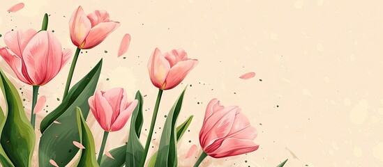 Sticker - Pink tulips flowers with copy space image on beige background for a floral template creating a botanical fine art poster