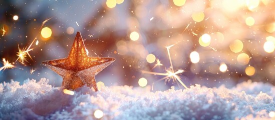 Poster - Snow covered scene with Christmas star and sparklers on blurred background perfect for copy space image