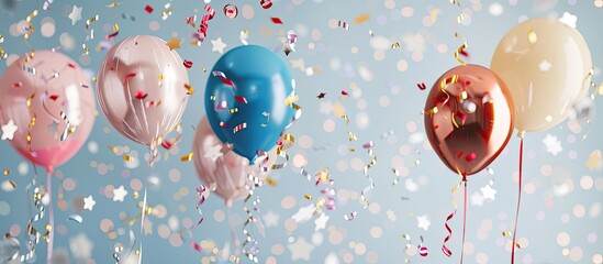 Poster - Minimal celebration concept Artistic arrangement with festive foil balloon and streamers on a blank backdrop excellent for images with open space. Creative banner. Copyspace image