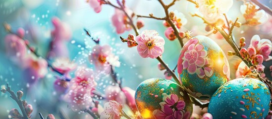 Fototapete - Festive Easter themed image with colorful eggs and blossoms. Creative banner. Copyspace image