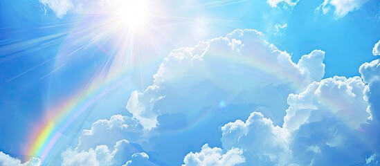Aufkleber - A picturesque sky featuring white clouds a rainbow and the sun with ample copy space for a background image
