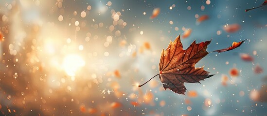 Aufkleber - Autumnal atmosphere with a sunlit sky showing a solitary dry maple leaf drifting in the air offering space for copy in the image