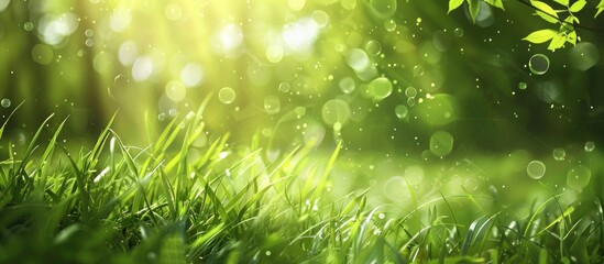 Aufkleber - Spring grass in vibrant green hues with sunlight filtering through providing space for text or images amid a softly blurred natural backdrop for banners. Creative banner. Copyspace image