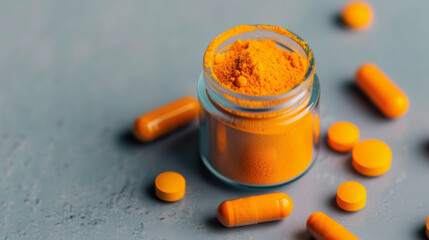 Bottle of Ground Turmeric and Turmeric Pills on a Countertop