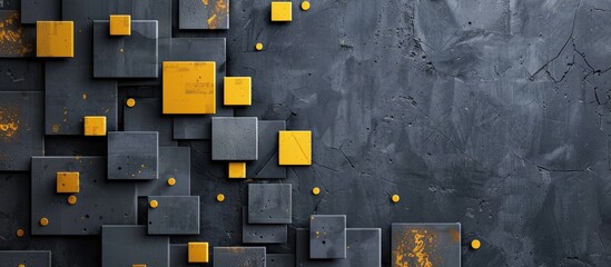 Poster - Dark gray textured backdrop with yellow and white polka dot boxes providing copy space image