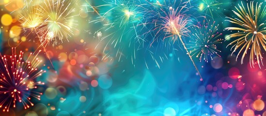 Poster - New Year fireworks with a blank area for text an artistic holiday backdrop featuring vibrant explosions in the sky. Creative banner. Copyspace image