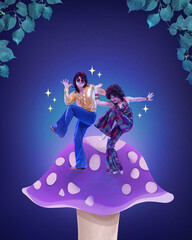 Wall Mural - Poster. Contemporary art collage. Disco dancers in vibrant retro outfits groove on giant purple mushroom against dreamy night sky. Concept of art, disco, party, retro fashion, happy and fun. Vintage.