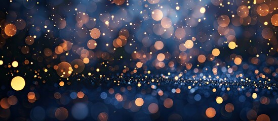 Poster - Blurred navy blue backdrop adorned with shiny gold lights ideal for a winter holiday greeting card mock up selective focus copy space image