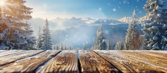 Fototapete - A weathered wooden board with snowflakes mountains forests a clear blue sky sunlight frost and copy space image