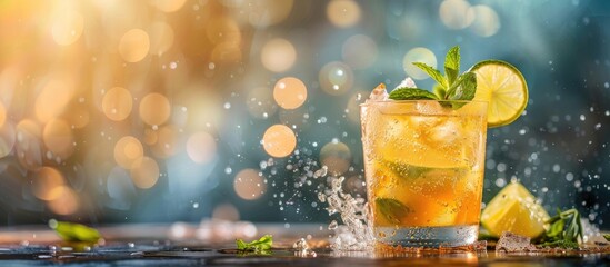 Aufkleber - Refreshing Ipanema Cocktail infused with mint and ginger ale over ice a delightful drink with a tropical twist served in a glass garnished with lime creating a picturesque copy space image