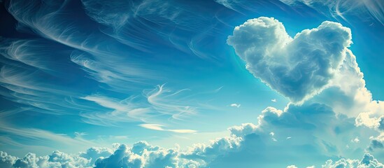 Poster - Wide blue sky background with various fluffy clouds and a prominent love heart shaped cloud on the right creating a picturesque copy space image