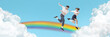 © Lustre Art Group  - Banner. Contemporary art collage. Two cheerful dancers in retro outfits leap joyfully across rainbow, framed by fluffy clouds in bright blue sky. Concept of art, disco, party, retro fashion. Vintage.