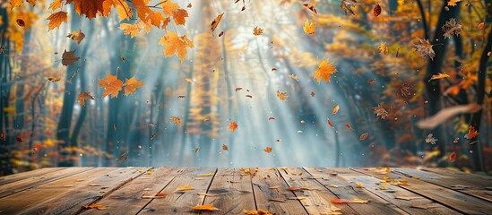 Poster - Autumn background with a wooden table top surrounded by colorful leaves falling in a forest setting creating a serene copy space image