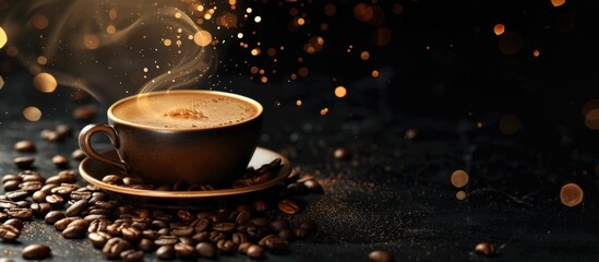 Aufkleber - Sparkling Coffee concept background with coffee cup beans and bright light on black rustic vintage table providing a captivating copy space image