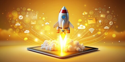 Vibrant yellow background highlights a futuristic rocket ship blasting off from a tablet screen, surrounded by swirling e-commerce and online shopping graphics and icons.