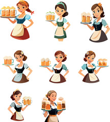 Wall Mural - Beautiful waitresses holding beer glasses on trays at oktoberfest