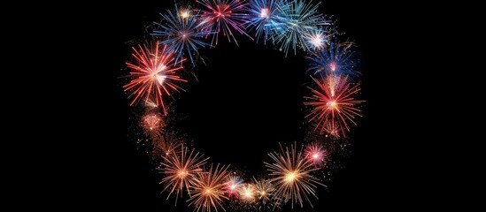 Poster - Fireworks form a colorful circular frame on a black background with copy space image