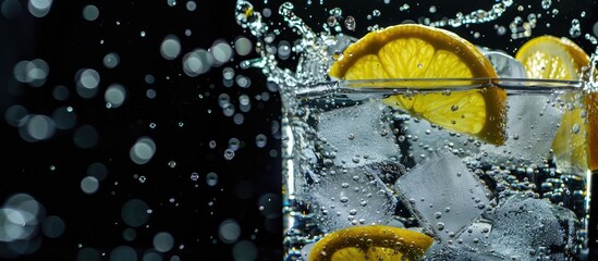 Aufkleber - Fresh cold carbonated water with ice lemon slices and soda on black background with copy space image