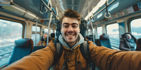 Wall Mural - caucasian man. A young man takes a selfie while riding on a train, capturing a moment of travel and adventure.