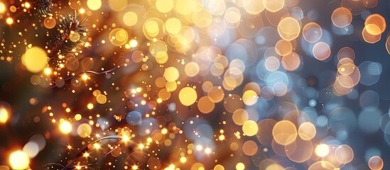 Canvas Print - Bokeh effect blurs golden Christmas lights giving a festive touch to a copy space image perfect for New Year s wallpaper