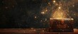 © HN Works - Golden sparkles and stars emanate from an antique chest on a wooden surface against a dark chalkboard backdrop with space for text or images. Creative banner. Copyspace image