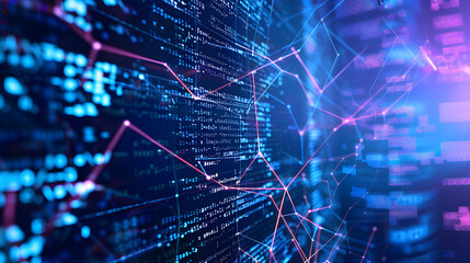 abstract network with random programming code, web and software development concept, futuristic technology, digital connectivity, cyber space. Generative Ai.