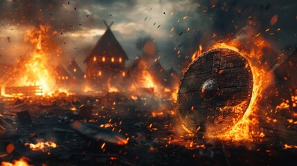 Wall Mural - Burning Viking Shield in a Fiery Landscape