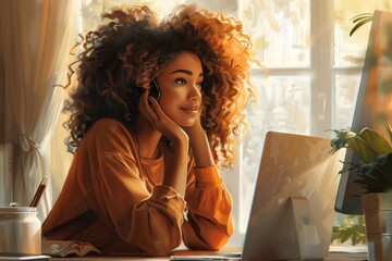 Wall Mural - Woman with Curly Hair Listening to Music by a Window