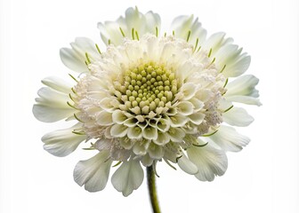 Delicate petals of pure white scabiosa flower bloom elegantly, showcasing intricate details and soft texture, isolated on a clear transparent background.