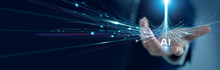 Poster - AI, Machine learning, Businessman touch a structure global rapid data network connection , Internet and digital technology, fast digital communication and information technology advancement.