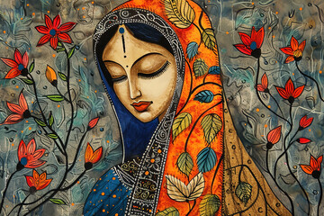 Wall Mural - Colorful traditional Madhubani art from India of a woman in a sari on a textured background