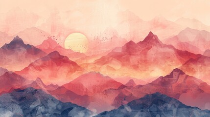 Wall Mural - A mountain range with a sun in the sky. The mountains are painted in a watercolor style