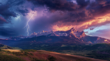 Wall Mural - a mountain range is lit up by a lightning bolt
