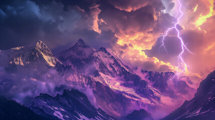 Wall Mural - a mountain range with purple clouds and a lightning bolt