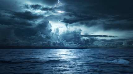 A stormy ocean with a lightning bolt in the sky