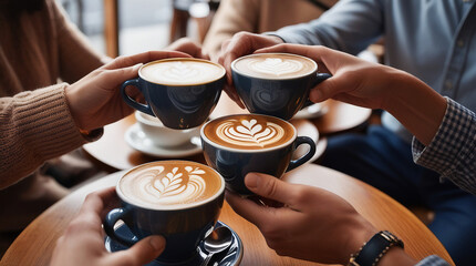 people holding coffee cups, showing hands with jewelry and watches, seated at a cafe table