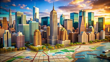 Vibrant cityscape with towering skyscrapers serves as a stunning backdrop for a detailed paper map of the United States, showcasing urban meets adventure theme.