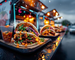 Food truck serving gourmet street food to eager customers, Realism, Bright colors, Photography