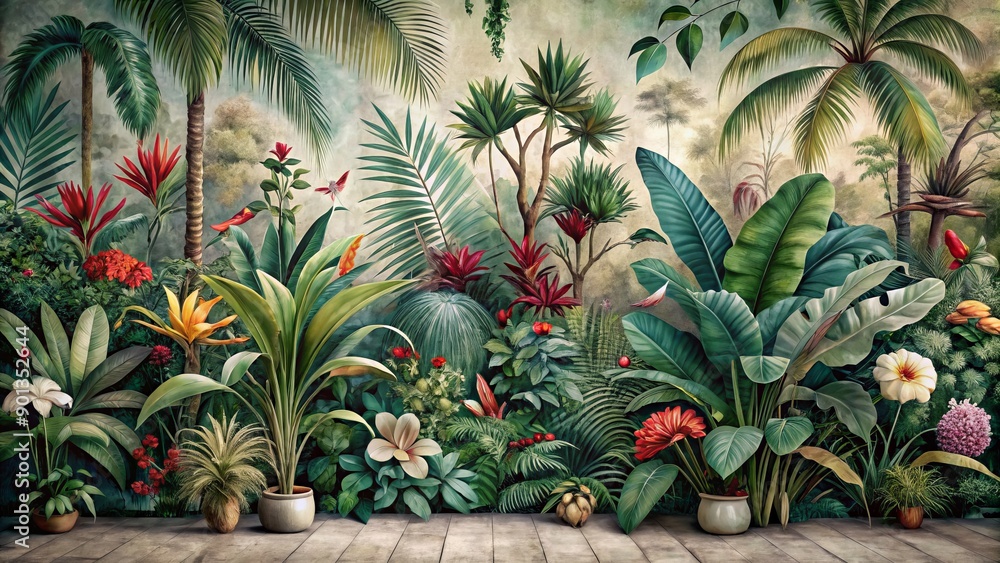 Vibrant jungle mural wallpaper featuring lush tropical foliage ...