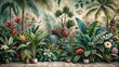 © Sirinporn - Vibrant jungle mural wallpaper featuring lush tropical foliage, delicate vines, and exotic flowers in a nostalgic, distressed vintage style, perfect for retro-inspired interior design.